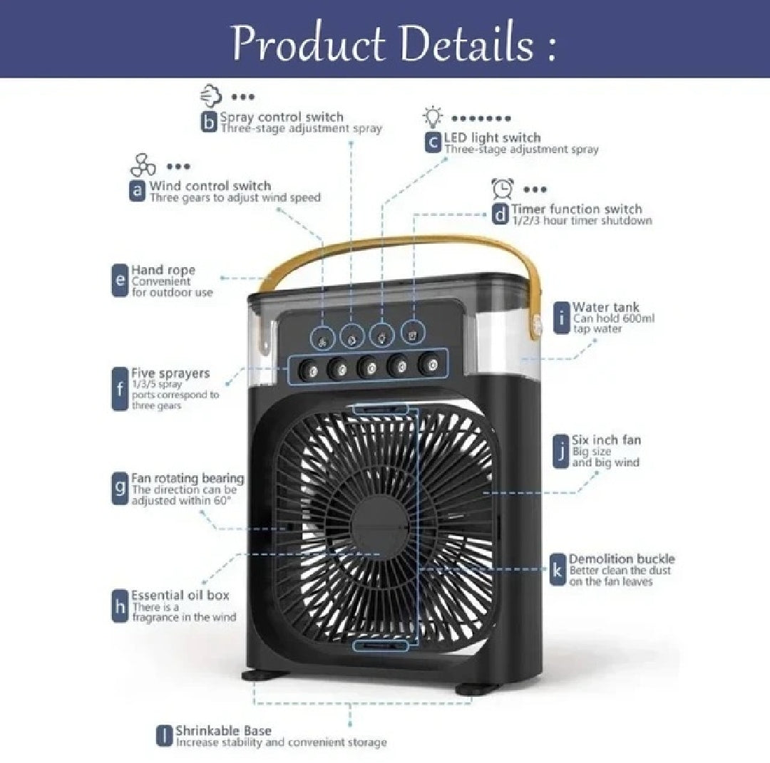 Portable 3-in-1 Air Cooler – USB Fan, Humidifier & LED Light